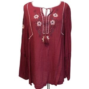 Sonoma Goods For Life Womens 1X Burgundy Floral‎ Embroidered Boho Peasant Blouse